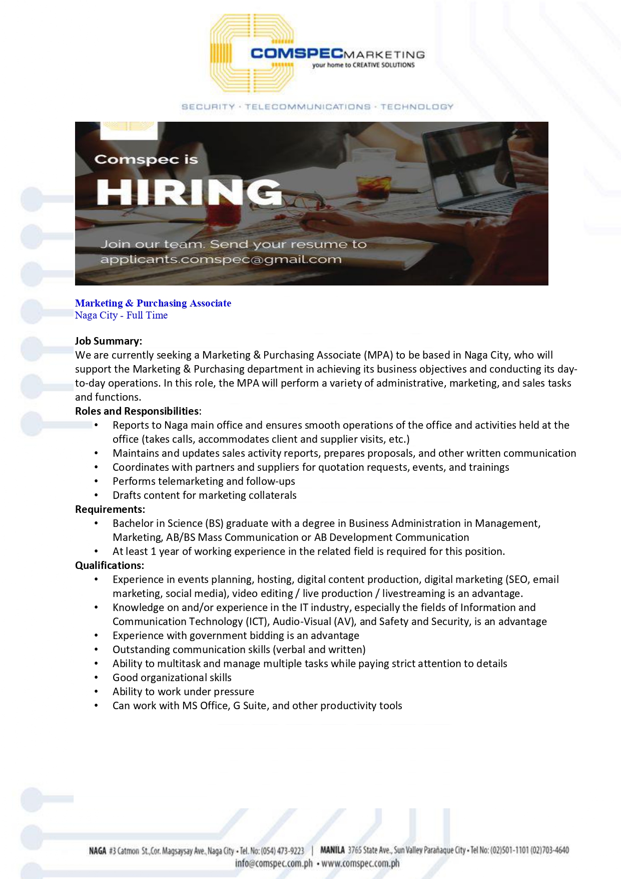 Comspec Marketing Job Hiring