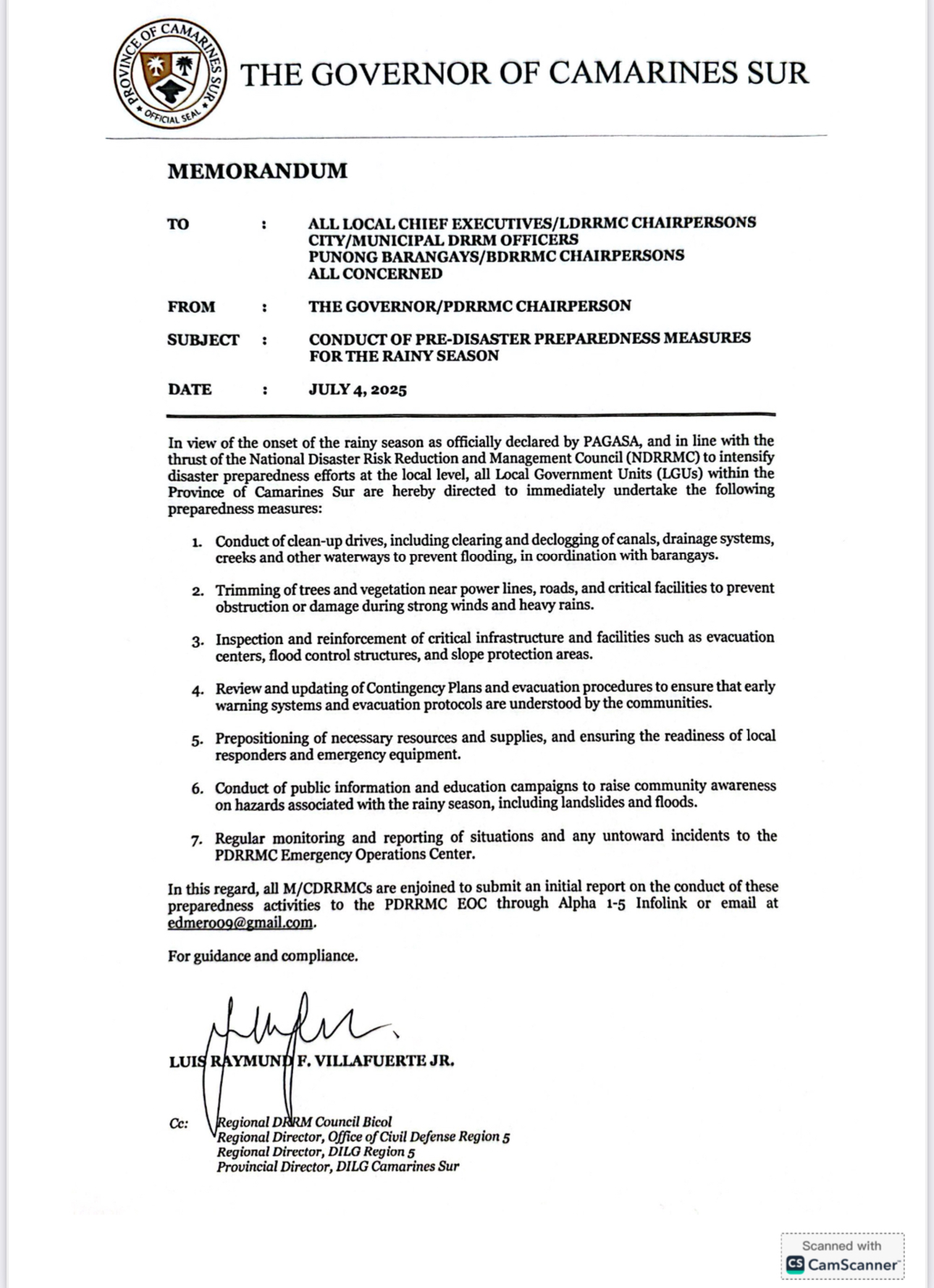 MEMO ON THE CONDUCT OF PRE-DISASTER PREPAREDNESS MEASURES FOR THE RAINY SEASON